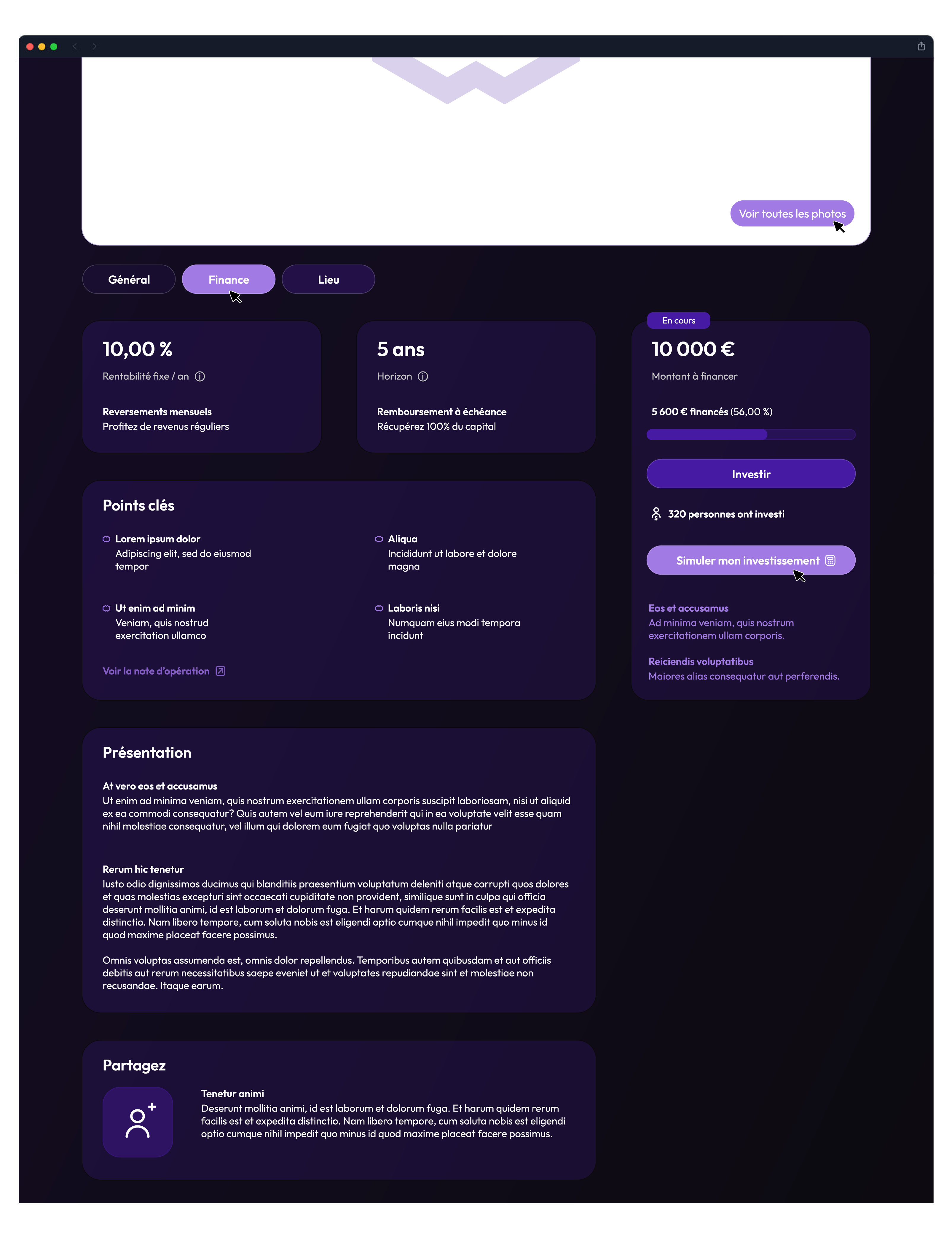 Exemple web design page investissement